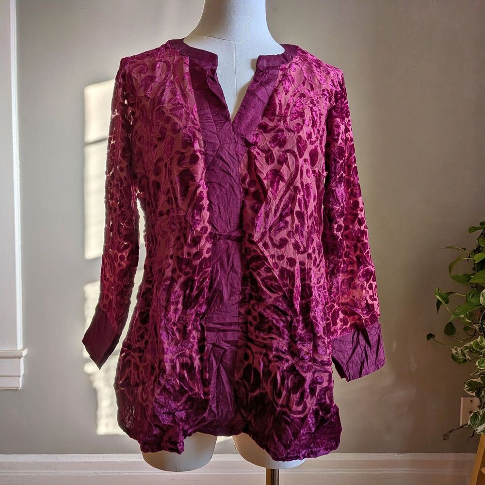 Vintage Handmade Velvet Burnout Tunic Top Burgundy Boho Whimsygoth Size S